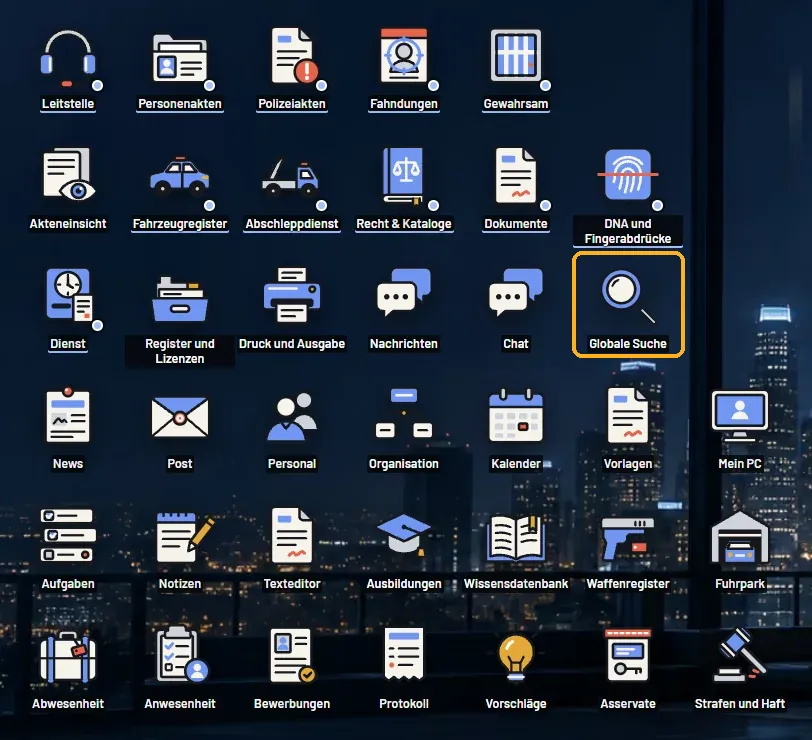 MDT-Desktop der Polizei, die App Globale Suche ist markiert