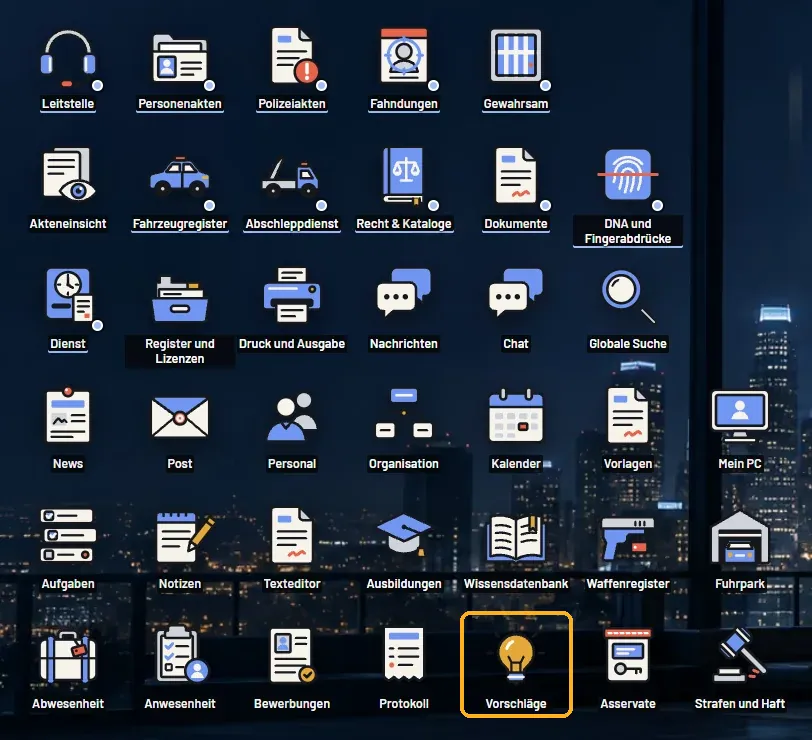 MDT-Desktop der Polizei, die App Vorschläge ist markiert
